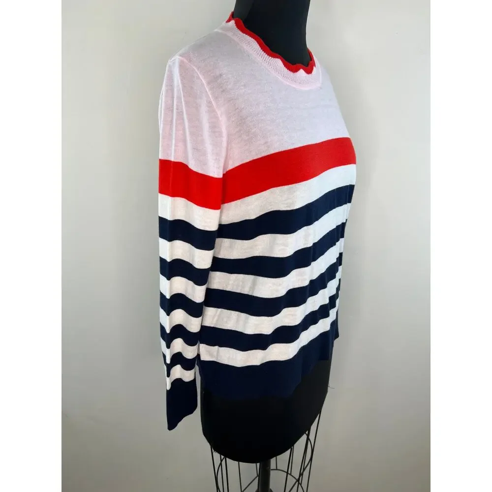 J. Crew Pink Red Blue Cotton Wool Scallop Trimmed Striped Pullover Sweater Sz S